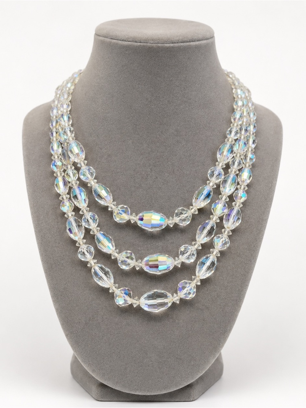 LAGUNA signed rare 3-Strand Aurora Borealis Crystal Necklace Mid-Century